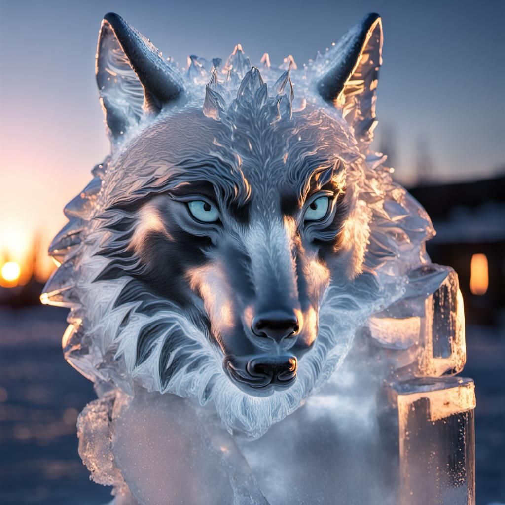 Dramatic Ice Wolf Sculpture at Sunset