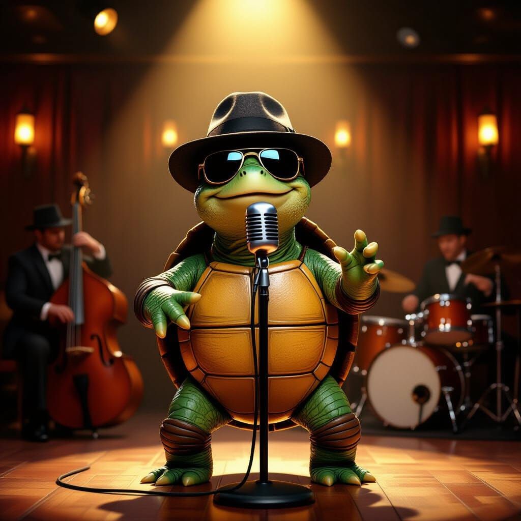 Turtle Jazz Singer in Film Noir Style