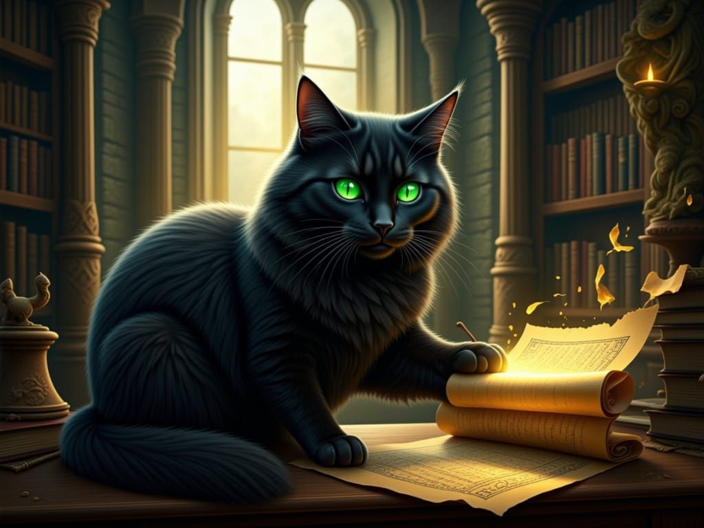 Magical Black Cat Plays with Glowing Scrolls in Gothic Castl...