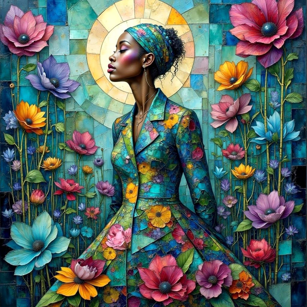 Colorful Mosaic Woman in Mixed Media Style