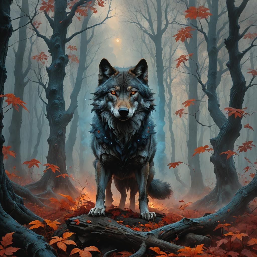 Mystical Wolf in Ethereal Forest, Beksiński Style