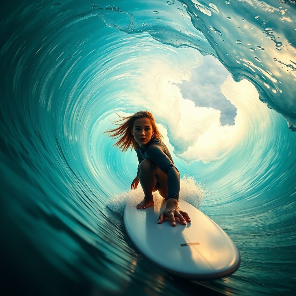 Girl Rides a Surfboard Through a Turquoise Tunnel Wave
