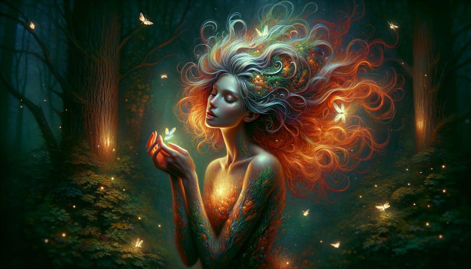 Ethereal Forest Nymph with Fireflies in Enchanted Wilderness