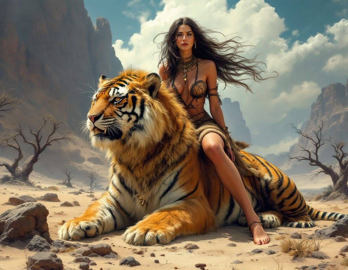 Primal Goddess Rides Sabretooth Tiger Across Distant Landsca...