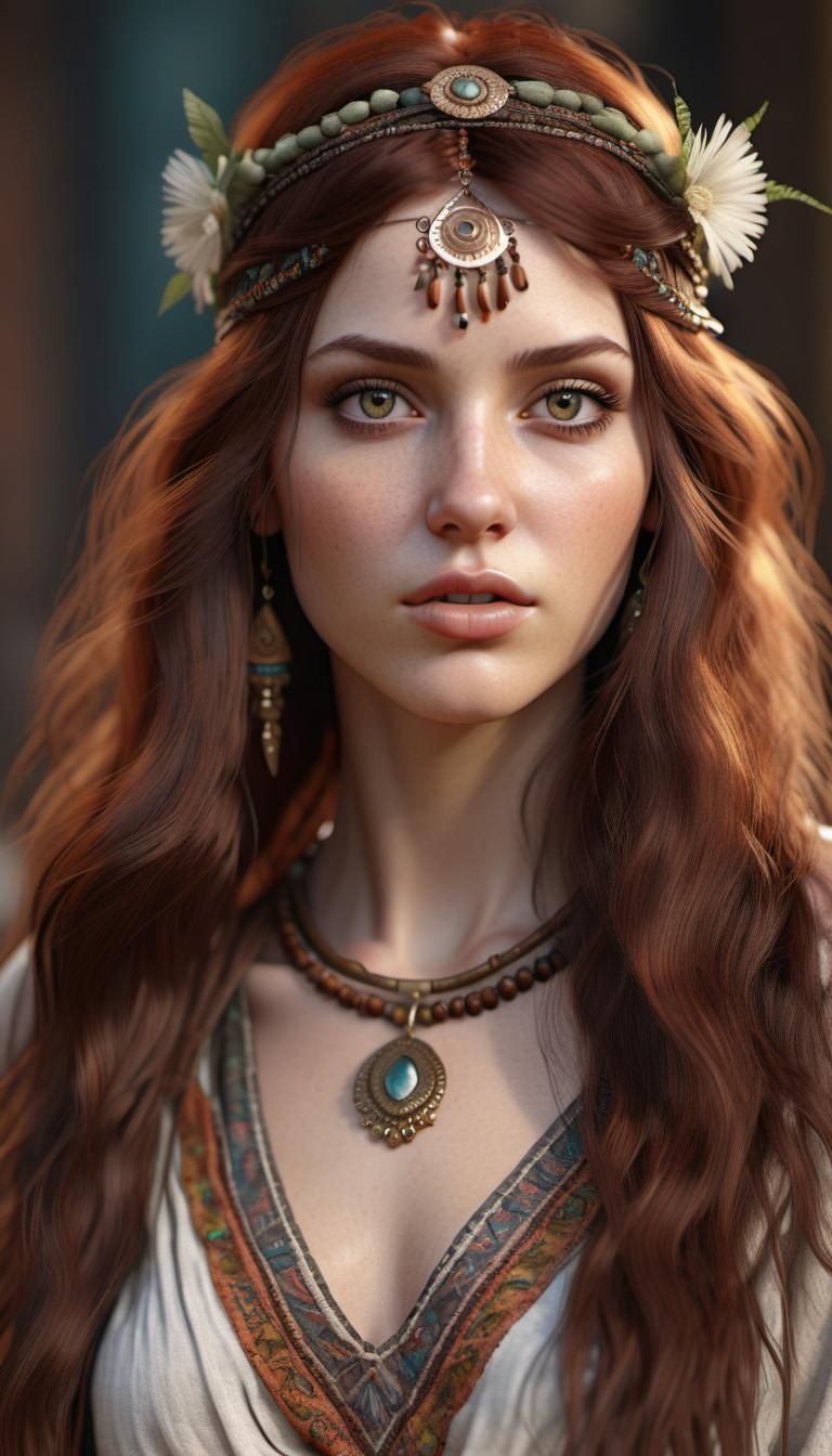 Photorealistic Auburn-Haired Bohemian Goddess in 24K Resolut...