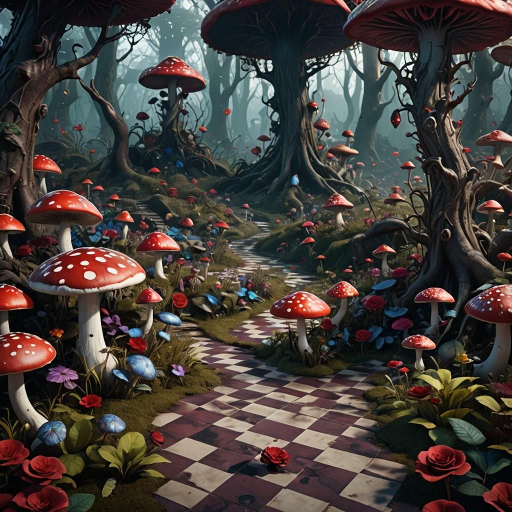 Dark Wonderland: A 3D Mushroom Fantasy Landscape