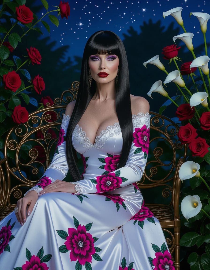 Elegant Temptress in Garden Night Scene with Fairy Lights