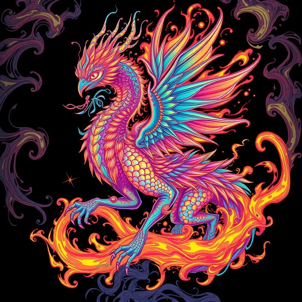 a siren , a phoenix ,a peacock, a dragon in beautiful detail...