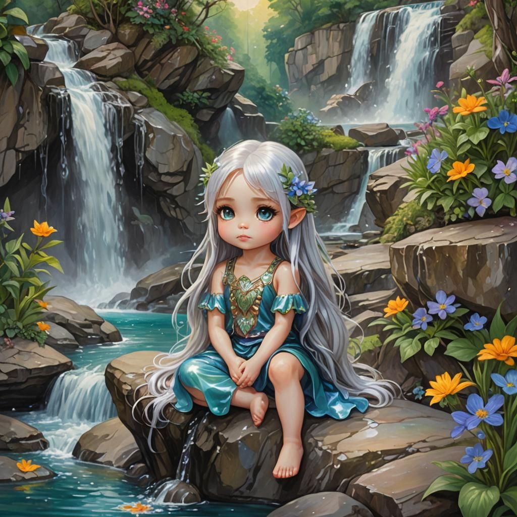 Chibi Fae with Silver Hair, Vibrant Oil Painting