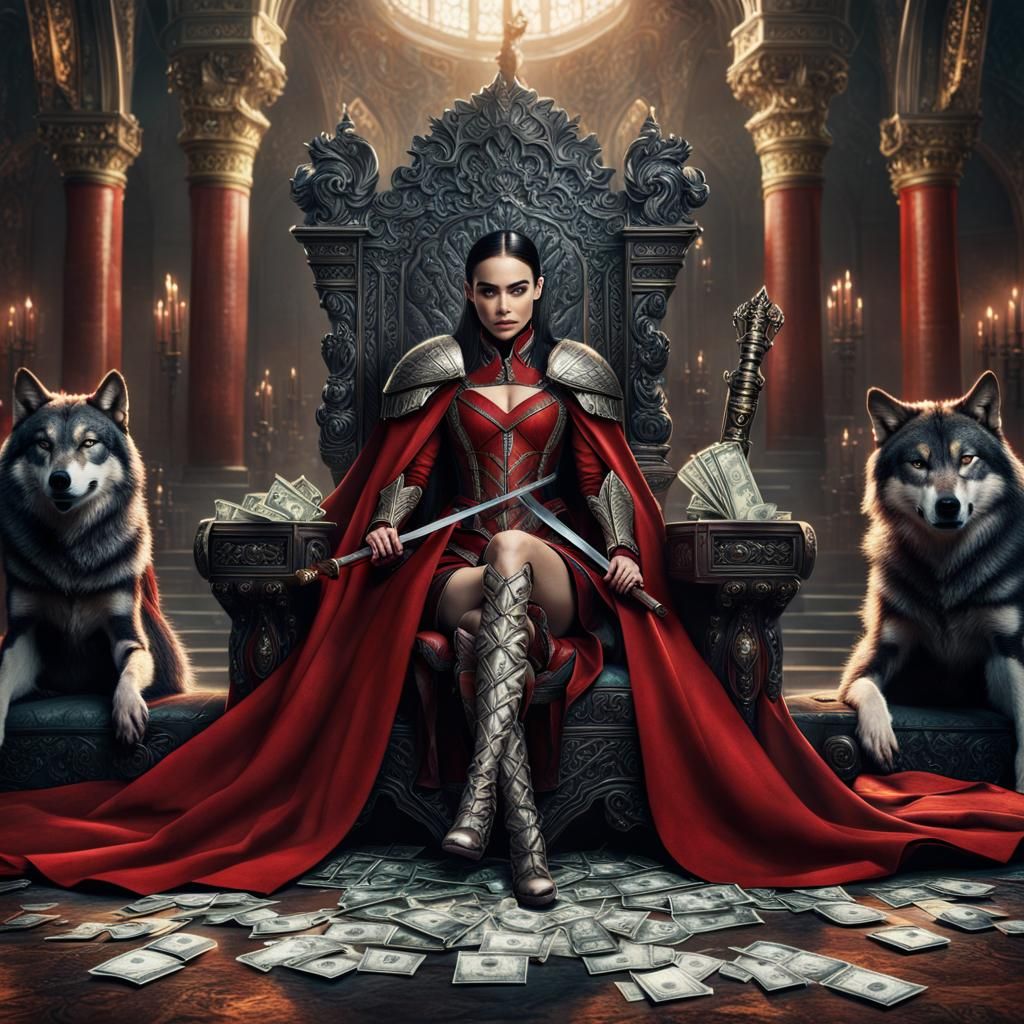 Armored Figure on Throne with Wolves: Digital Painting