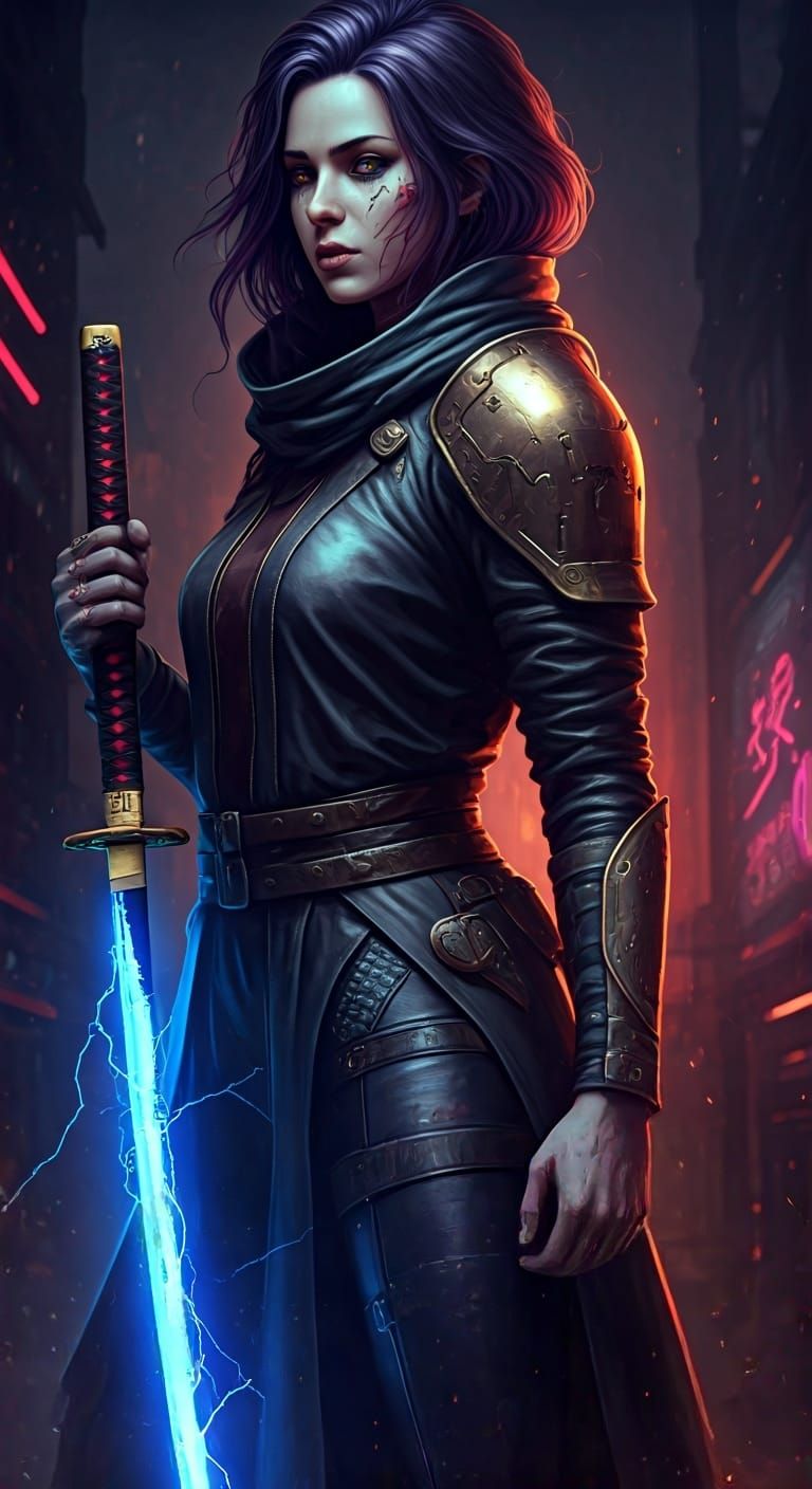 Cyberpunk Aasimar Woman with Katana in Neon City
