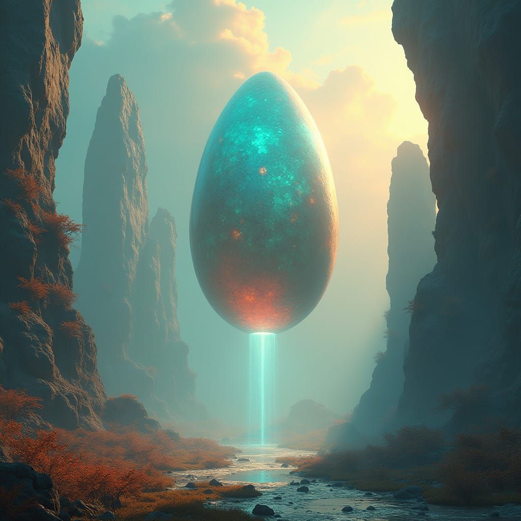 Ethereal Egg-Shaped UFO in Vibrant Dreamlike Landscape