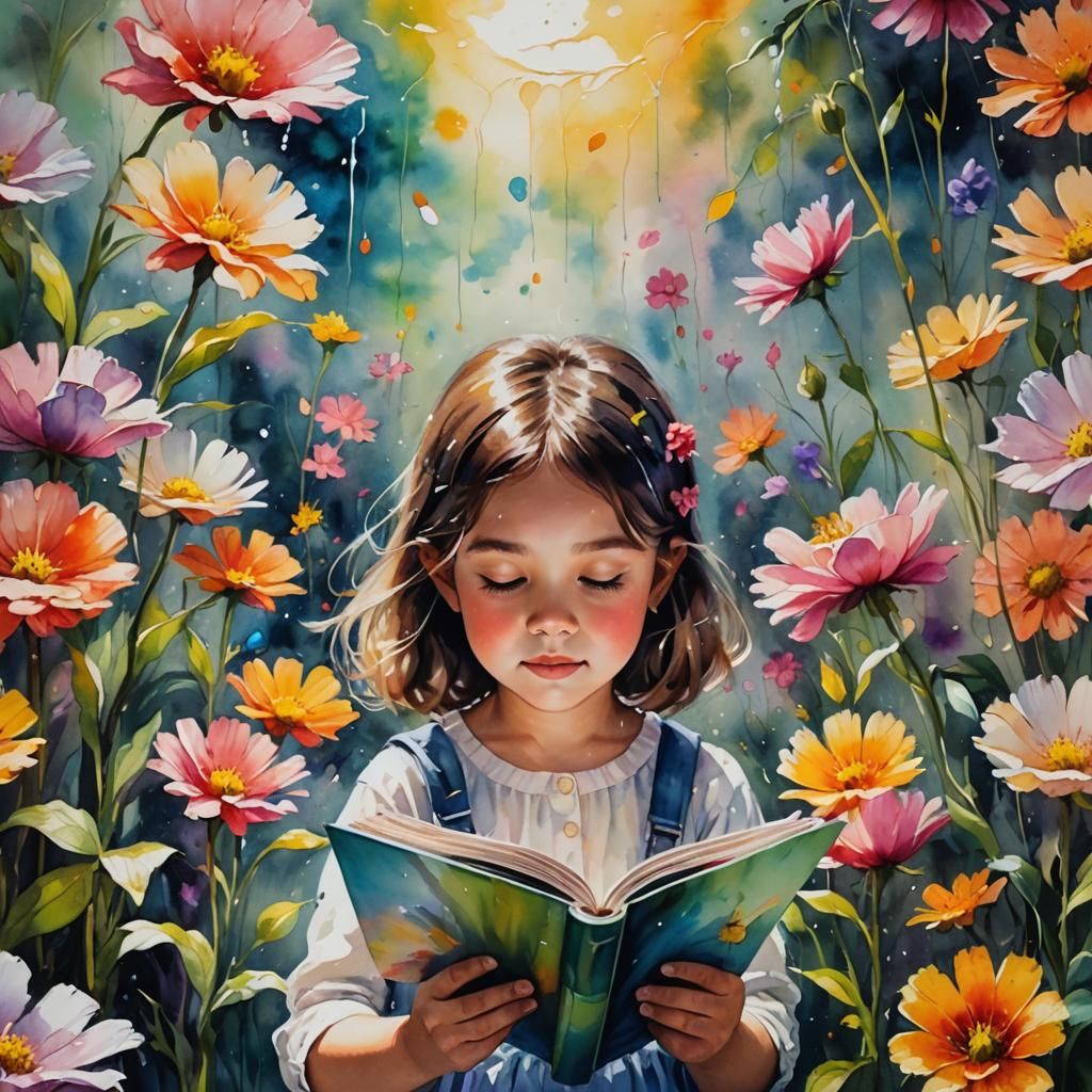 Girl Reading in Flower, Oil and Watercolor Painting