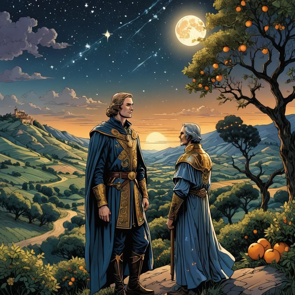 Serene Lord in Citrus Landscape: Comic Book Art
