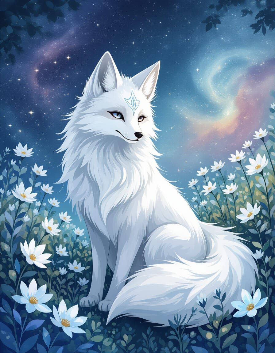 Celestial Kitsune in Starry Garden, Watercolor Style