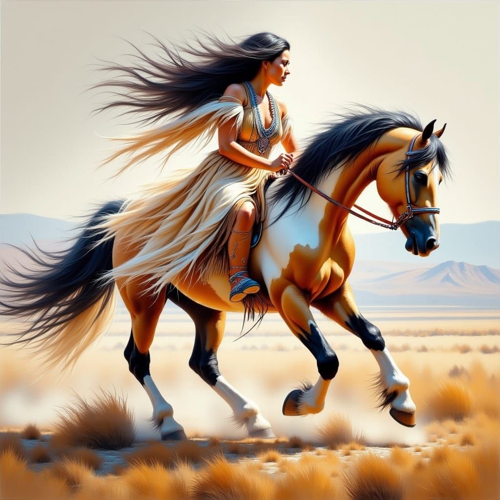Cheyenne Maiden Rides Mustang in Impasto Style