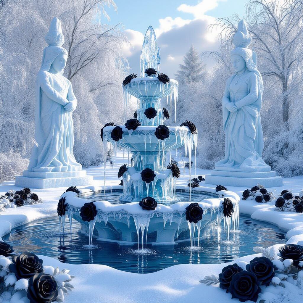Frozen Fountain with Black Roses in Fantasy Scene