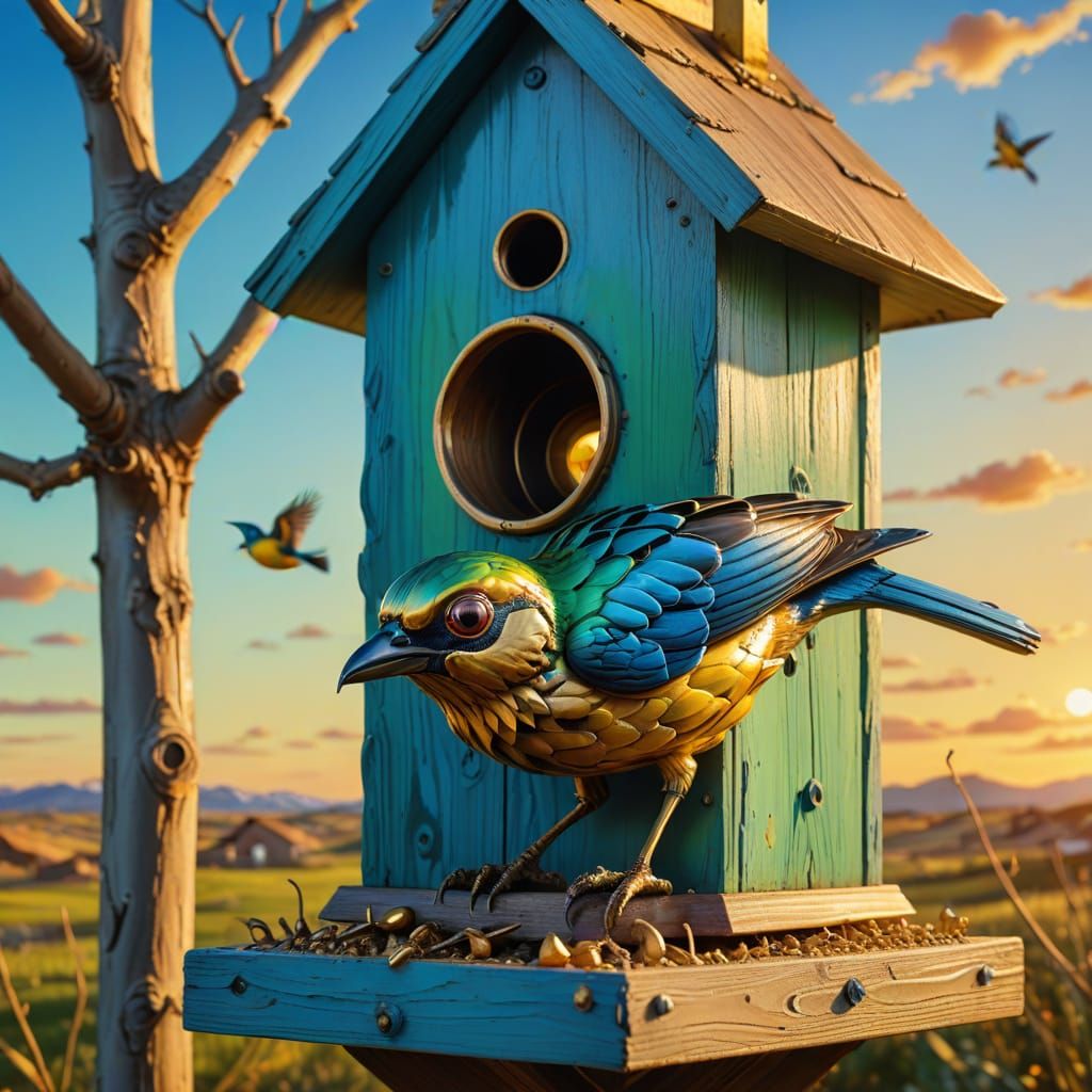 Surreal Bird in Birdhouse: a Salvador Dali Dream