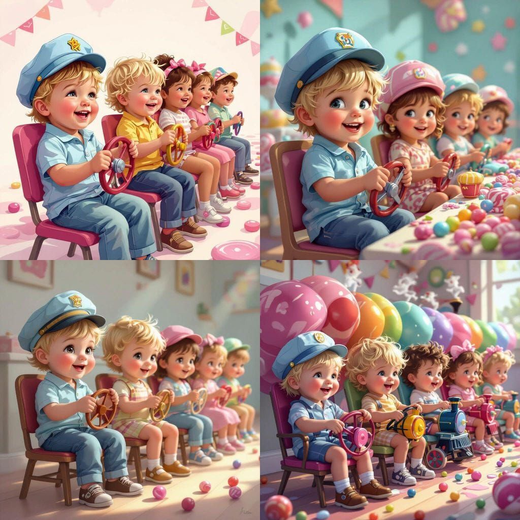 Toddlers Playfully Arranged as a Train in Candy Art Style