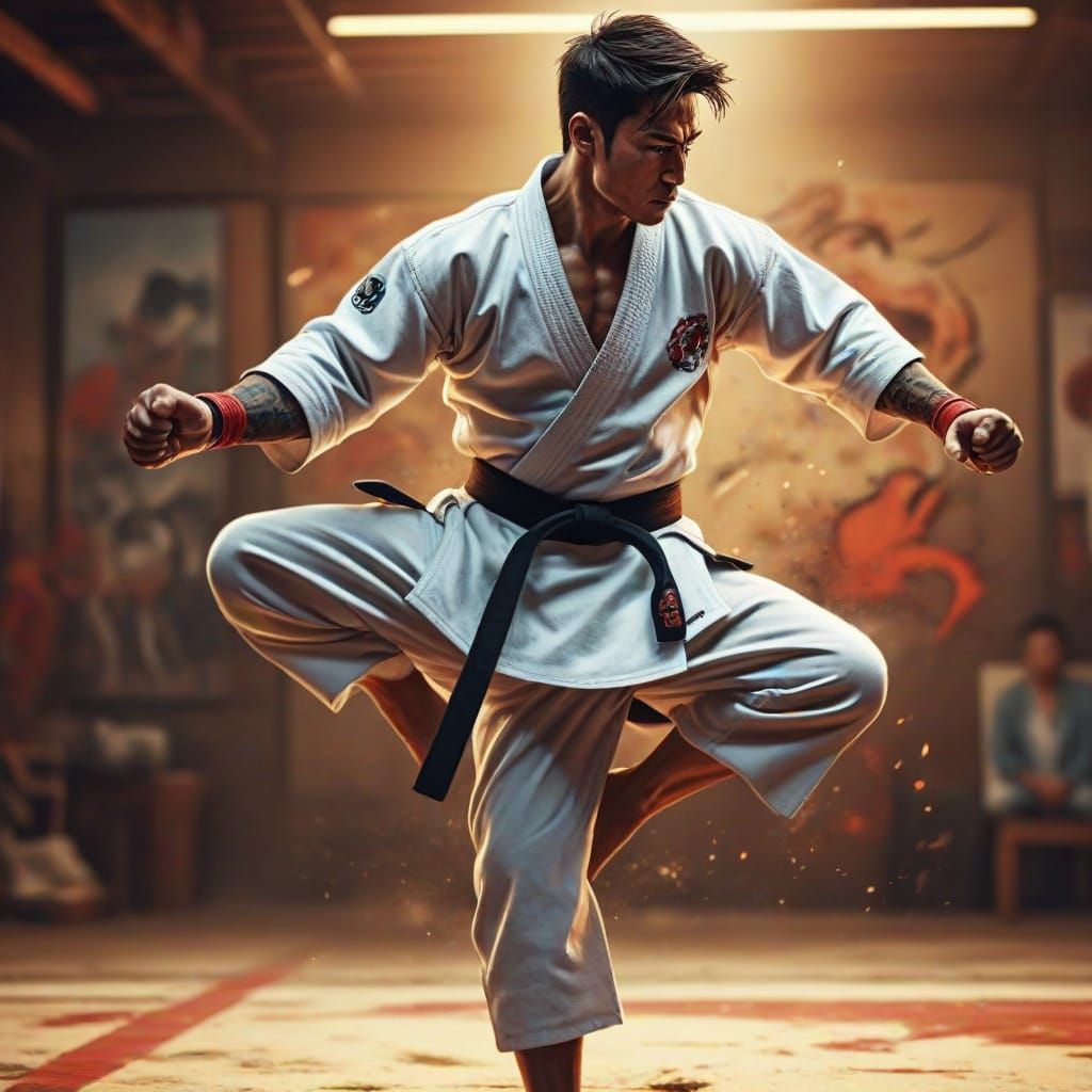 Dynamic Karate Kick in Comic Book Style