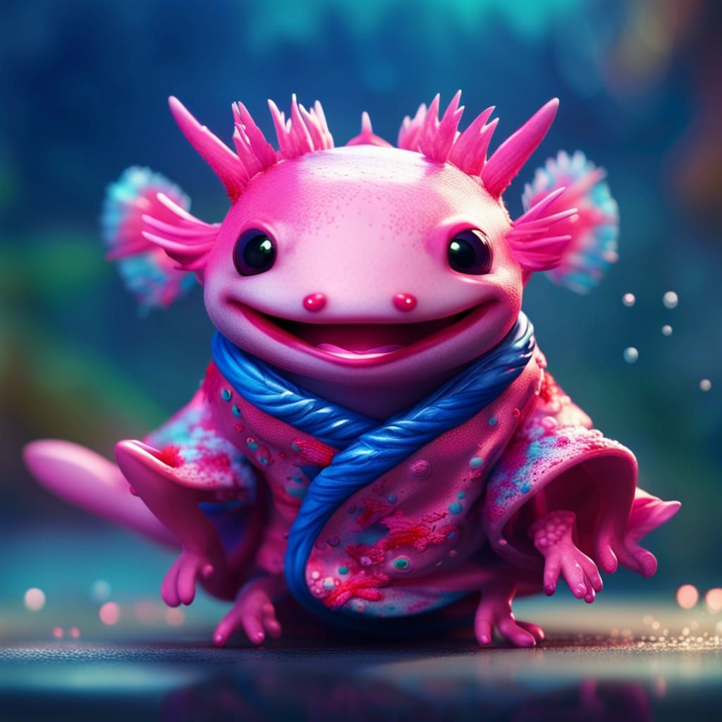 Pink Axolotl in Kimono: Hyperrealistic Fantasy Creature