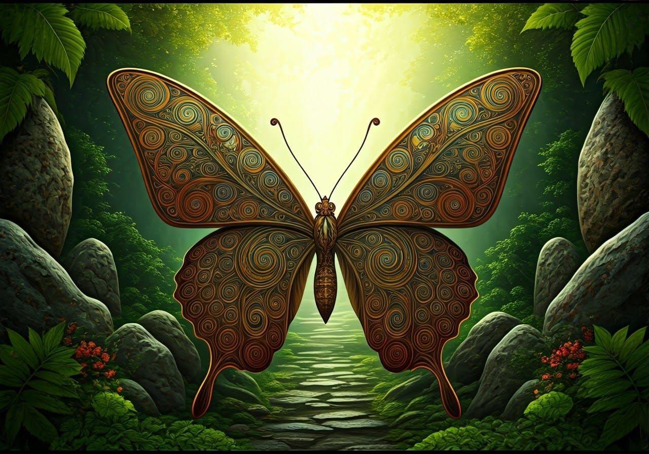 An intricately designed Celtic butterfly, with swirling patterns and vibrant colors, contrasted against lush greenery an...