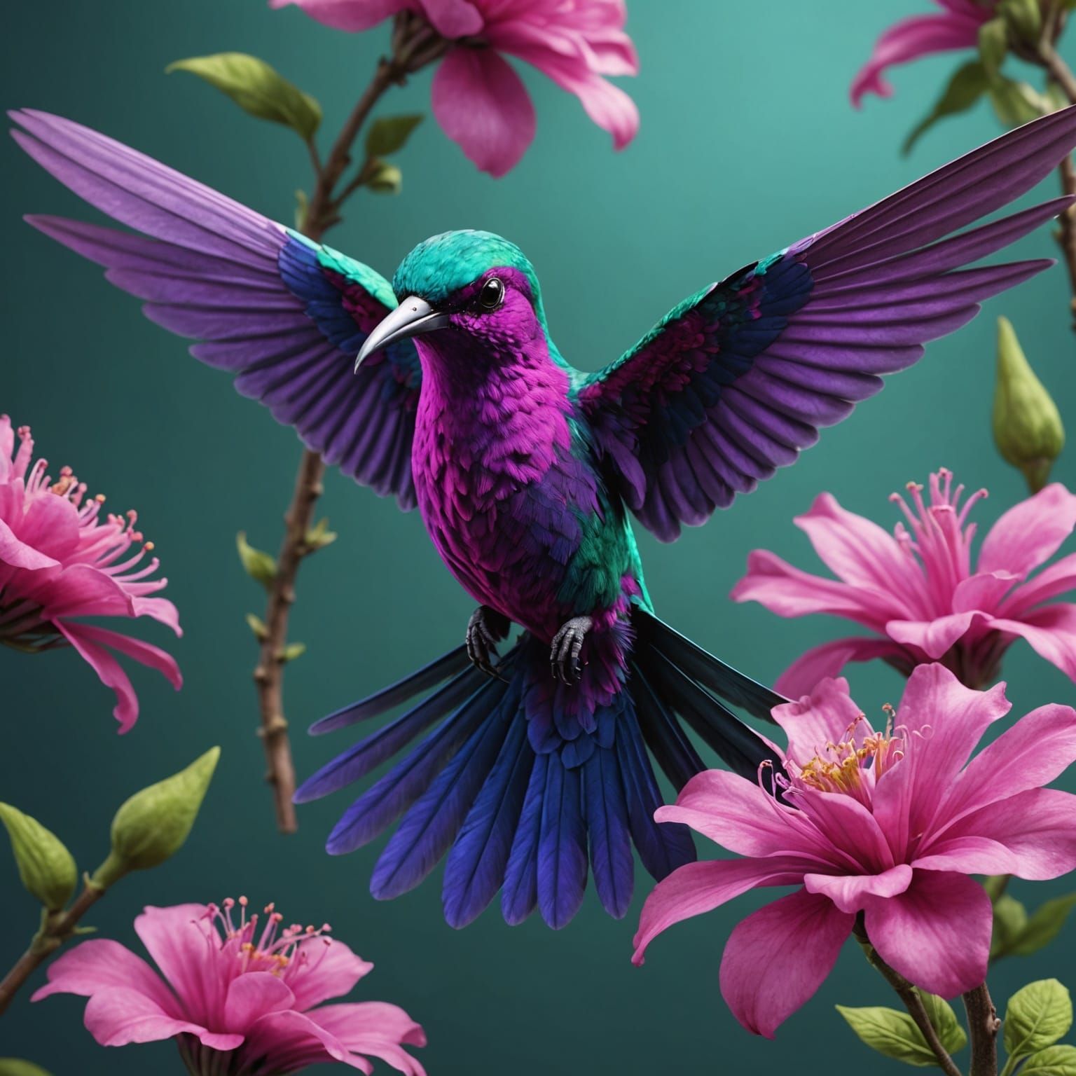 Hyper-Realistic Hummingbird Over Purple Flower in Matte Pain...