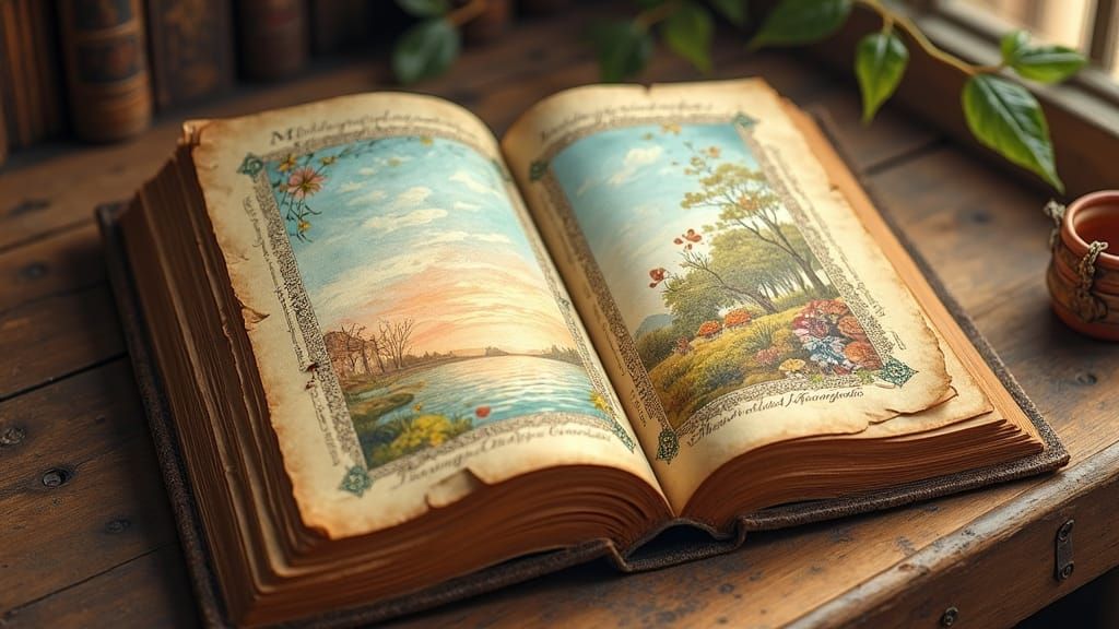 Vintage Book Page with Watercolour Landscape