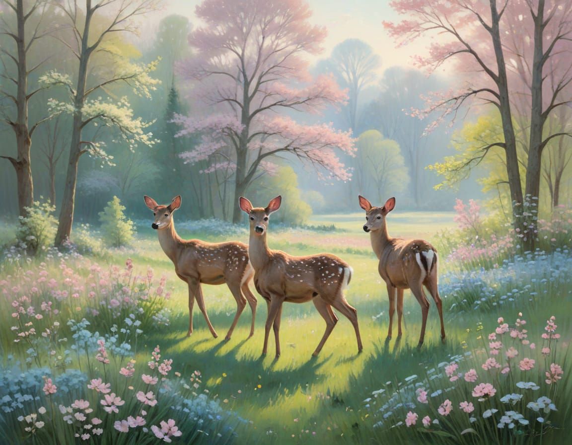 Spring Meadow with Deer in Impressionist Style