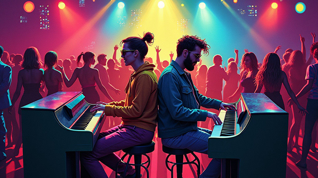 Vibrant Nightclub Scene: Energetic Friends Play Pianos Under...
