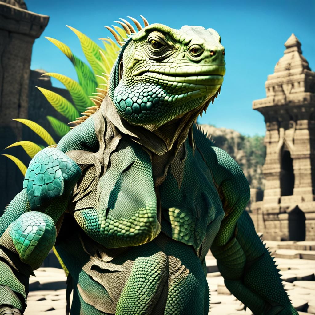 Fierce Warrior Iguana appears from the shadows