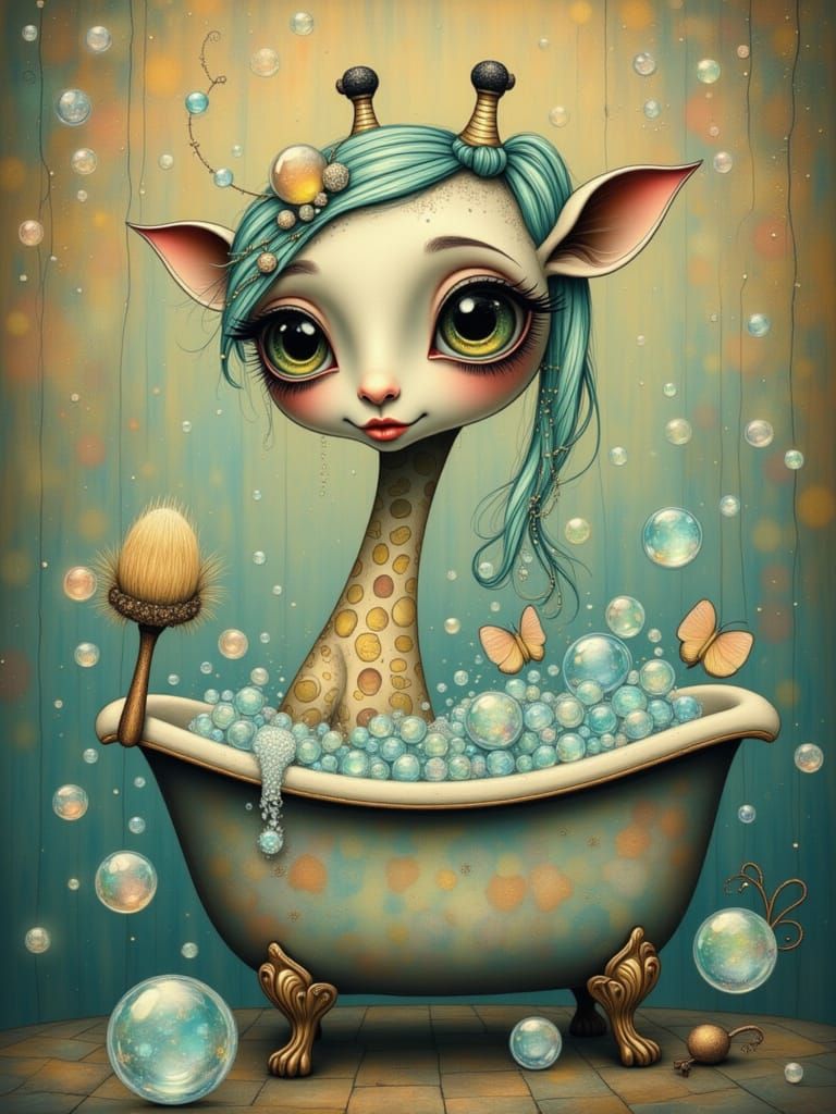Surreal Whimsical Giraffe Basks in Rainbow Bubble Bath