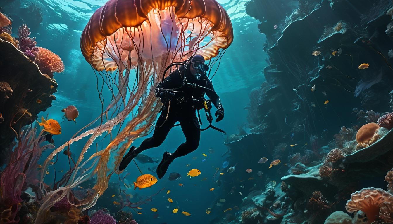 Diver and Colossal Jellyfish in Fluorescent Light