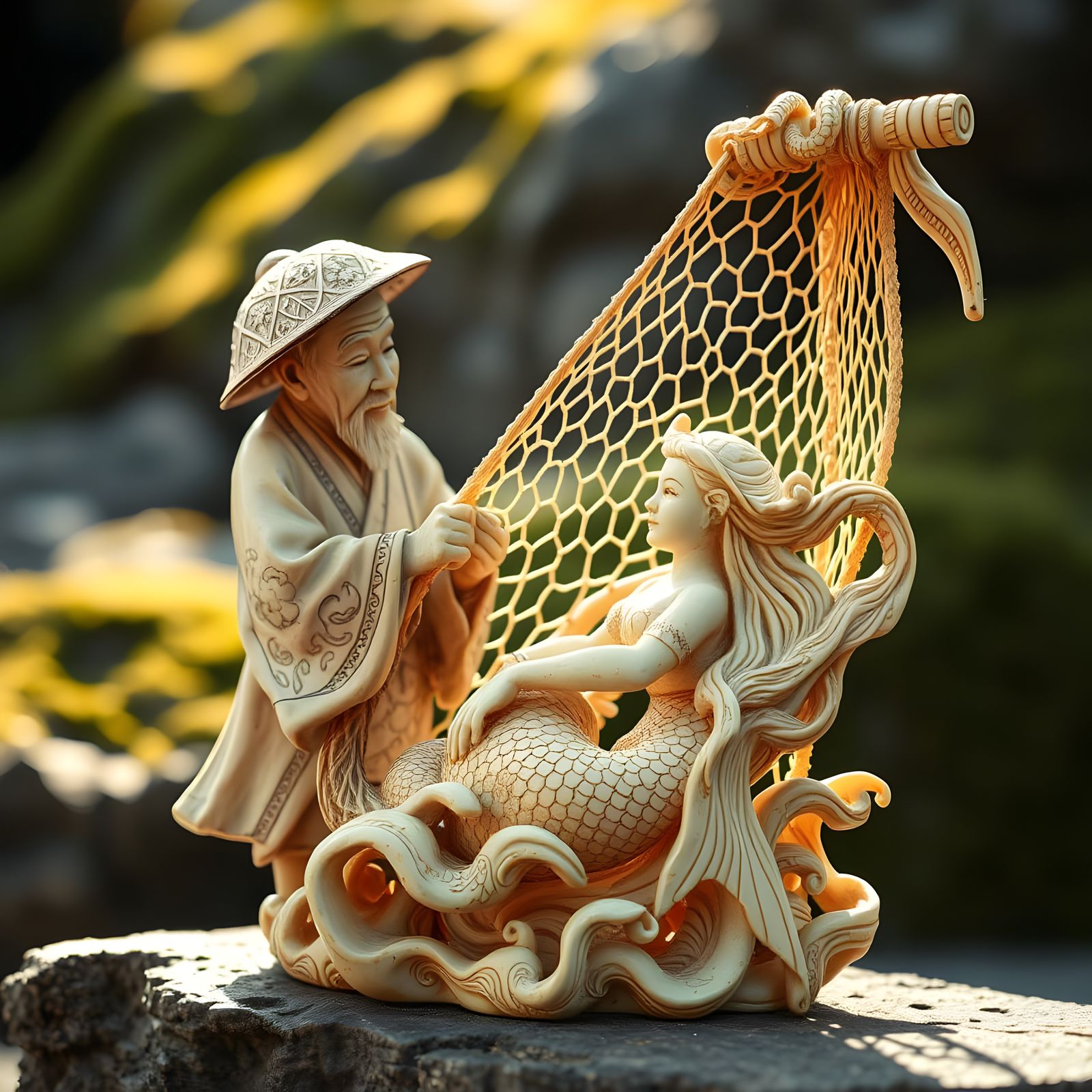 Antique Okimono: Fisherman and Mermaid Sculpture