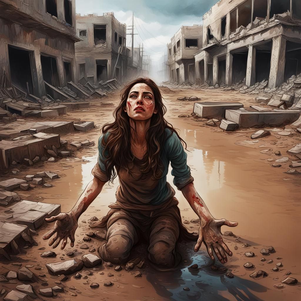 Hyperrealistic Image of Woman in Ruins