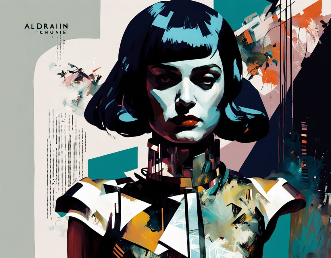 Woman in 2.5D Art Deco Calligram with Neon Accents