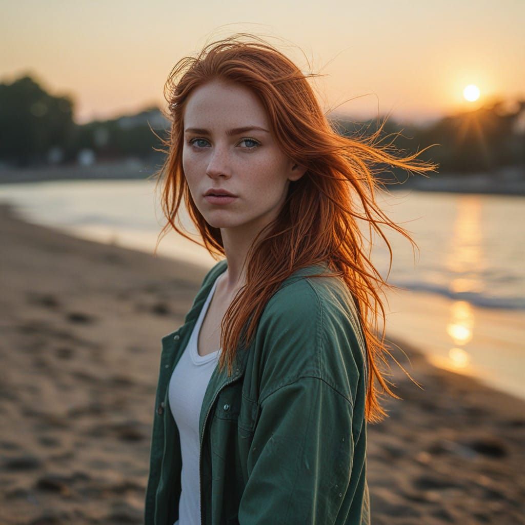Sorrowful Redhead in Golden Light