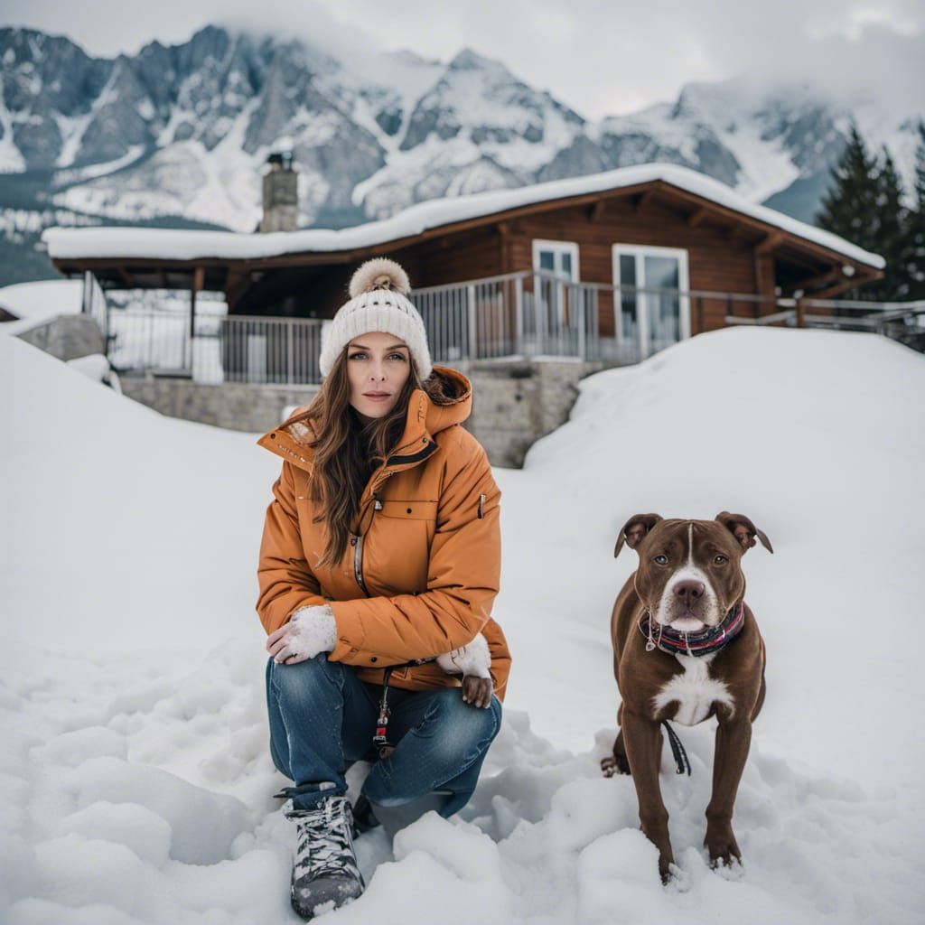 Woman and Pitbull in Snowy Mountain Landscape