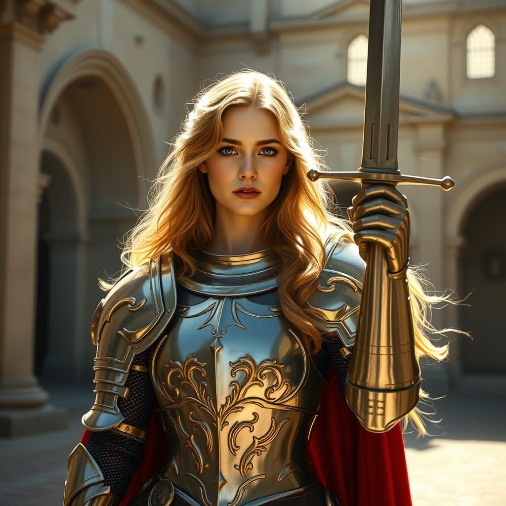 Ethereal Knightess in Sunlit Courtyard