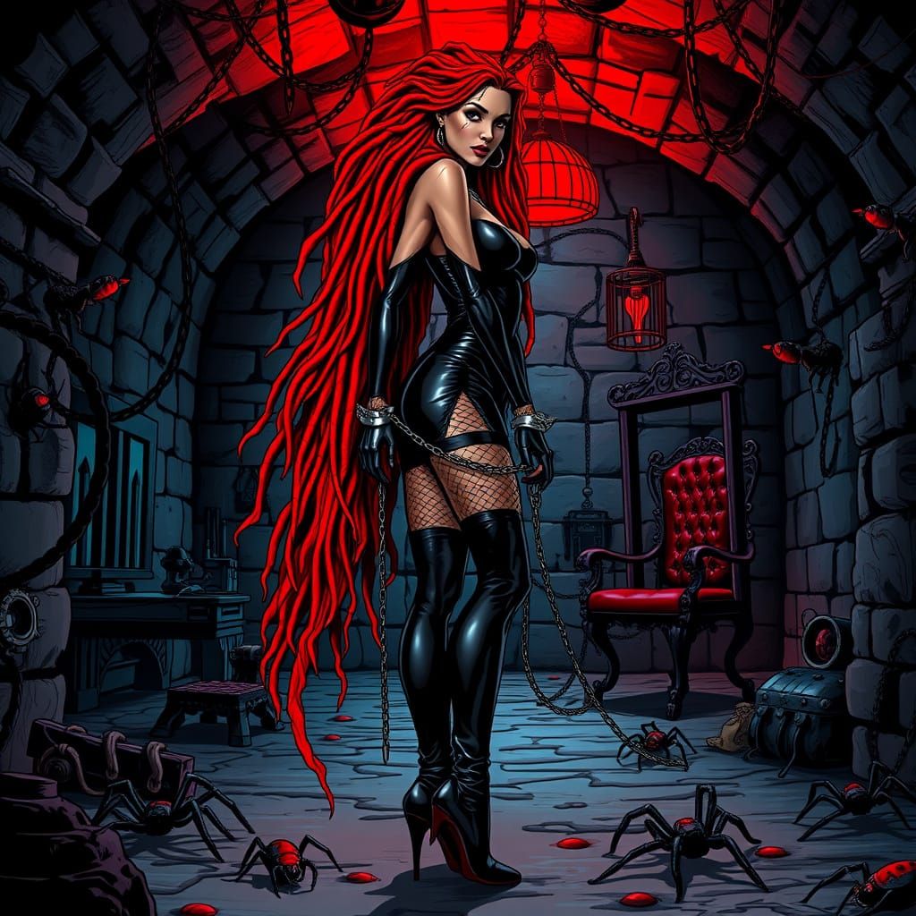 Dominatrix in Dark, Gothic Dungeon Scene with Red Glow