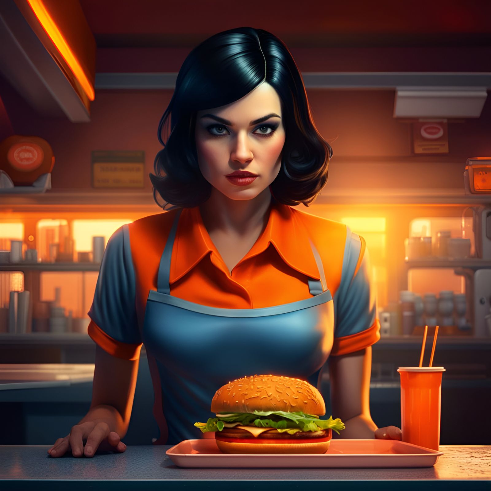 Sad Waitress Serving Burger in Comic Style