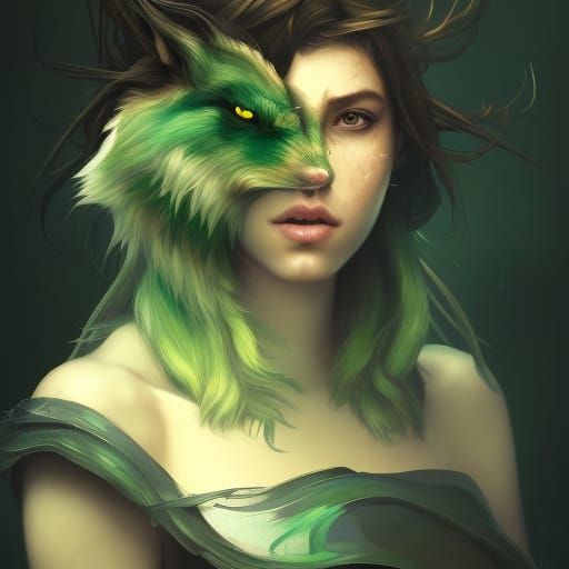 Green Wolf Girl Portrait in Hyperdetailed Style