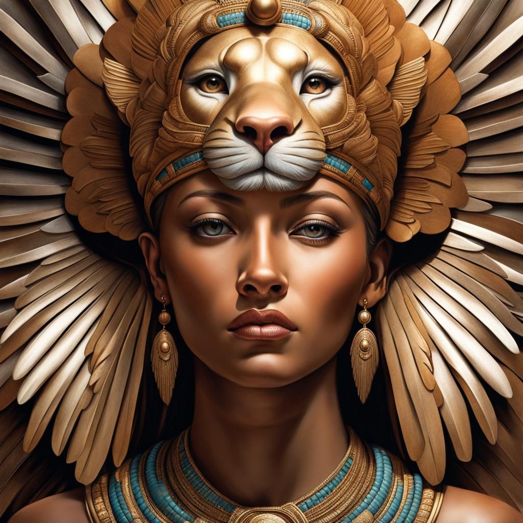 Hatshepsut Portrait with Angel Wings and Lion Face