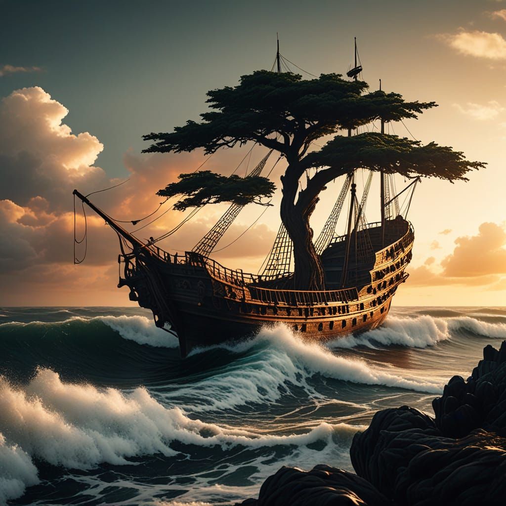 Surreal Organic Galleon Battles Stormy Seas in Hyper-Realist...