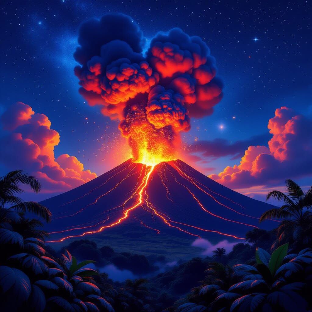 Colossal Volcano Erupts in Hawaii Under Starry Night Sky