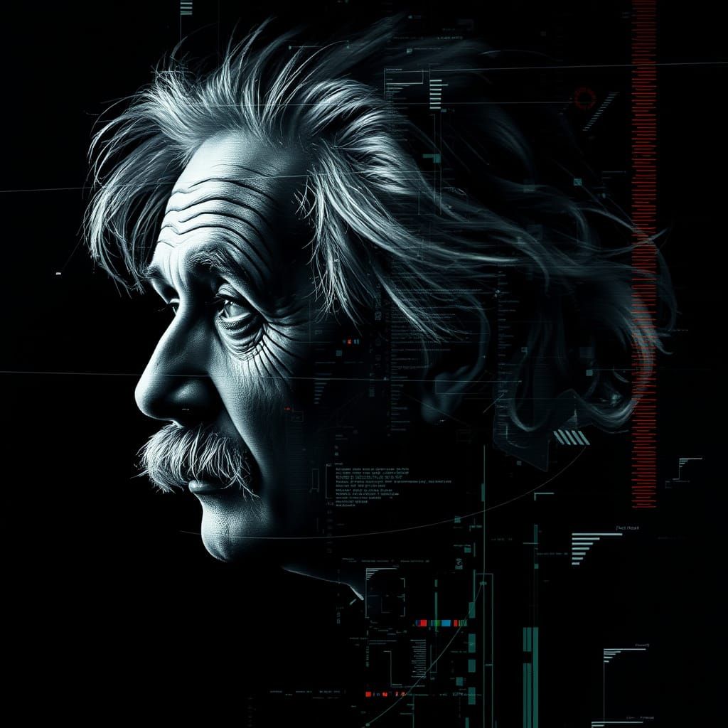 Einstein Glitchcore Portrait with Digital Static Effects