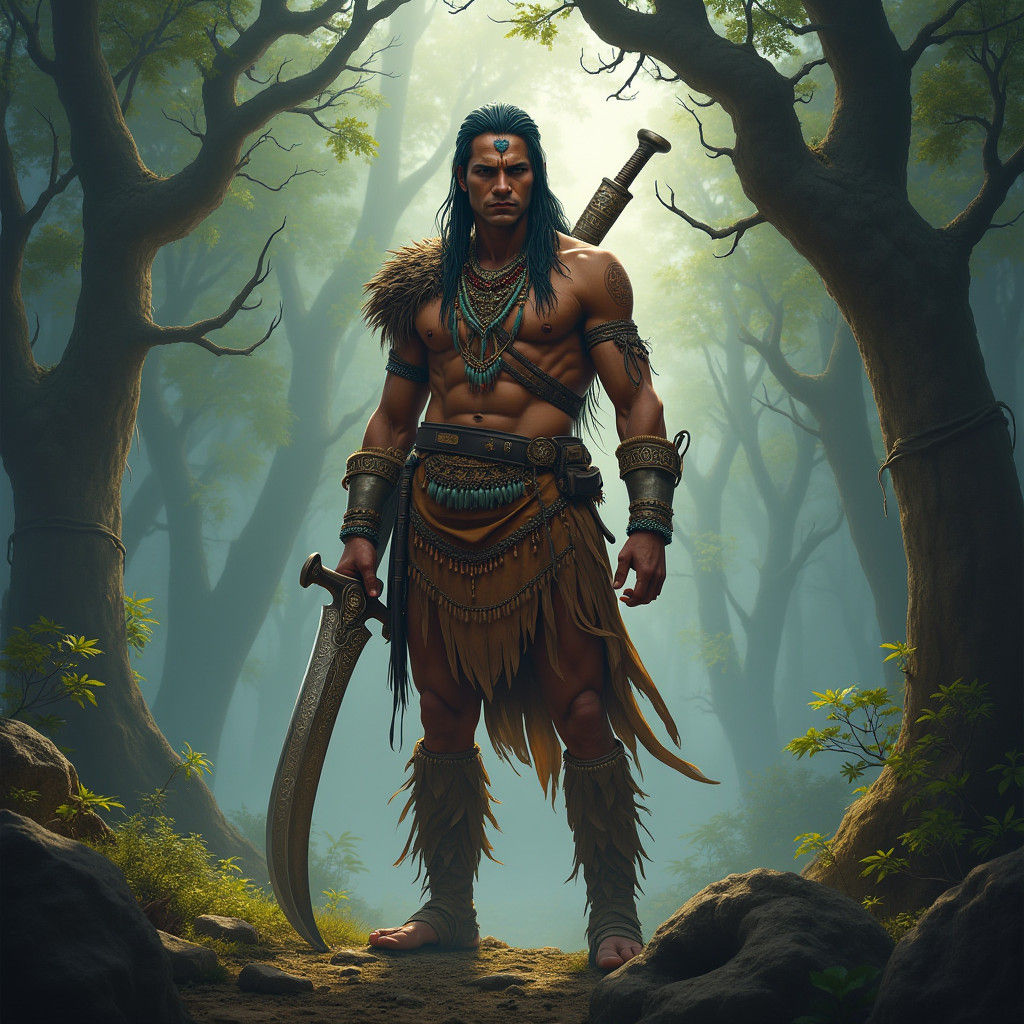 Indian Warrior in Misty Forest, Detailed Matte Painting