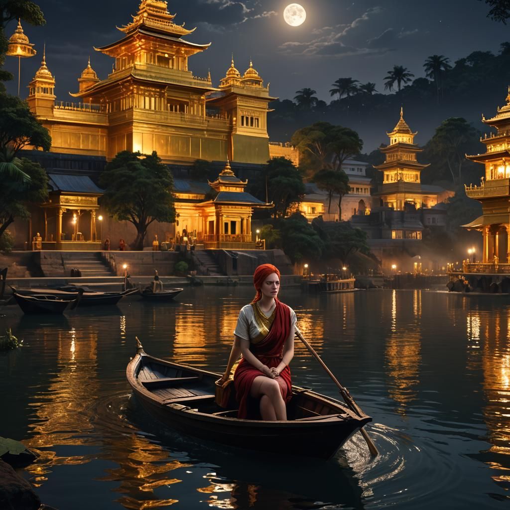 Redhead on River with Golden Temple, Dark Fantasy Art