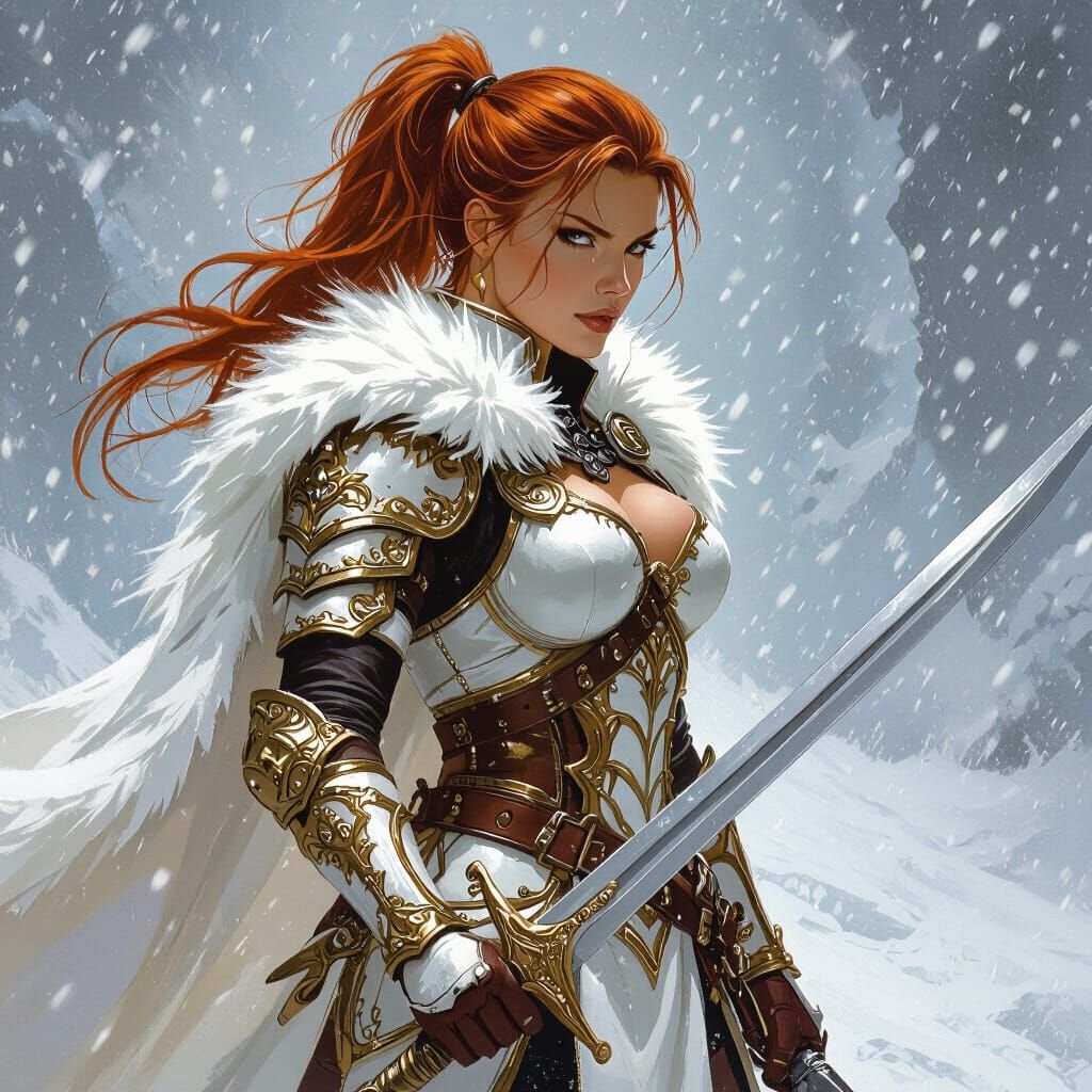 Valiant Warrior Woman in Snow Blizzard