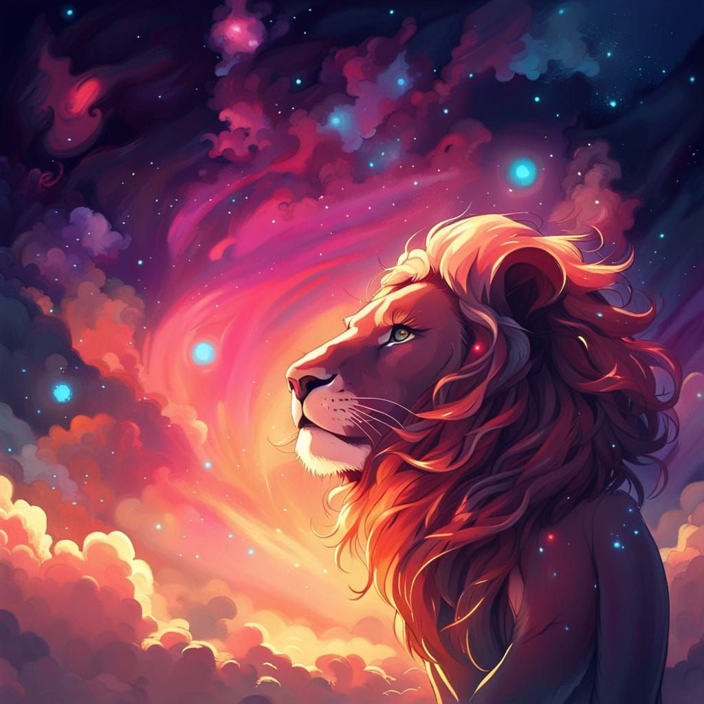 Cosmic Lion Portrait: Ethereal Anime Fantasy